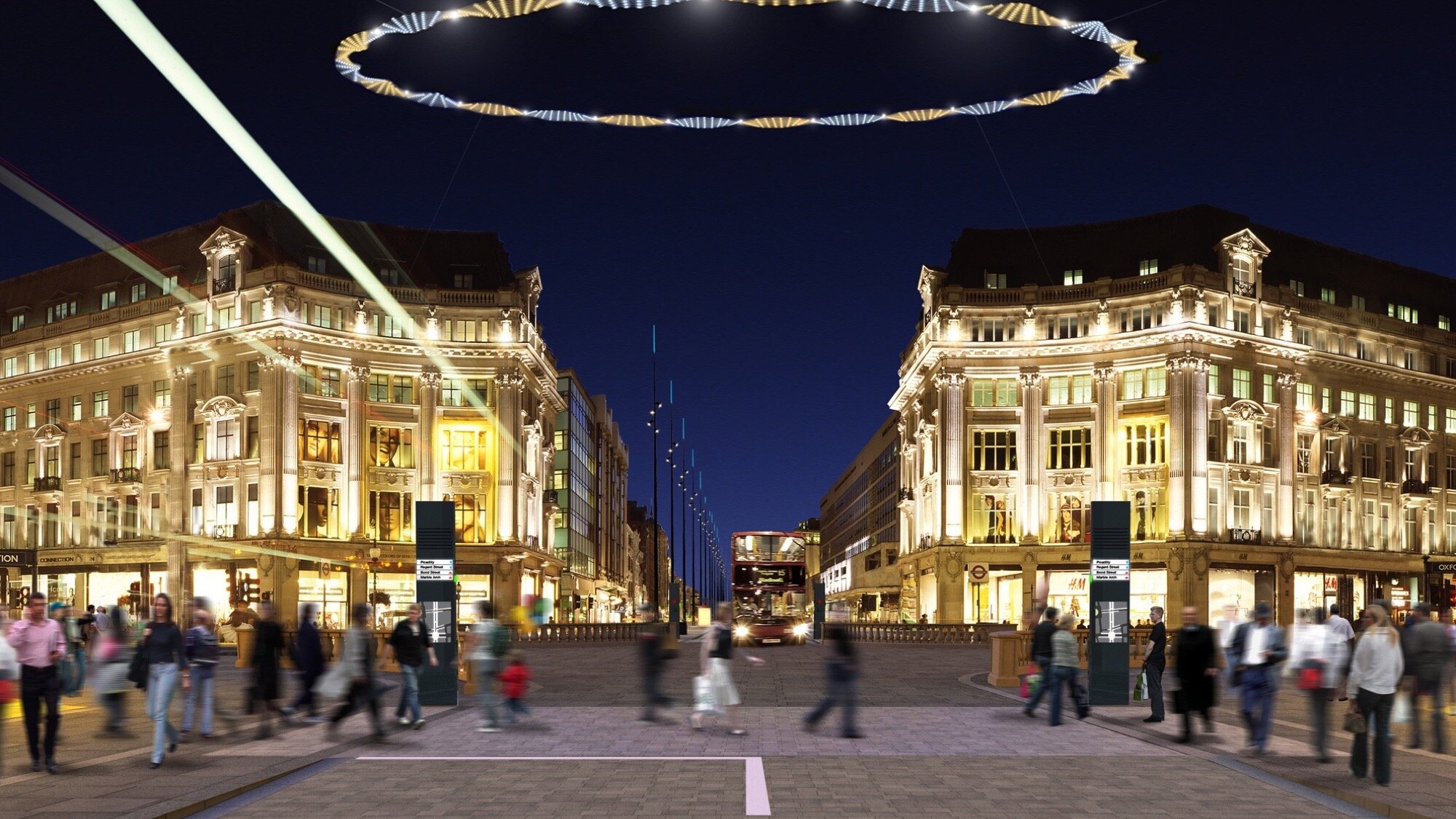 Oxford Street night view with public realm lighting, pedestrian-friendly paving, and landscape architecture enhancing urban streetscape design.