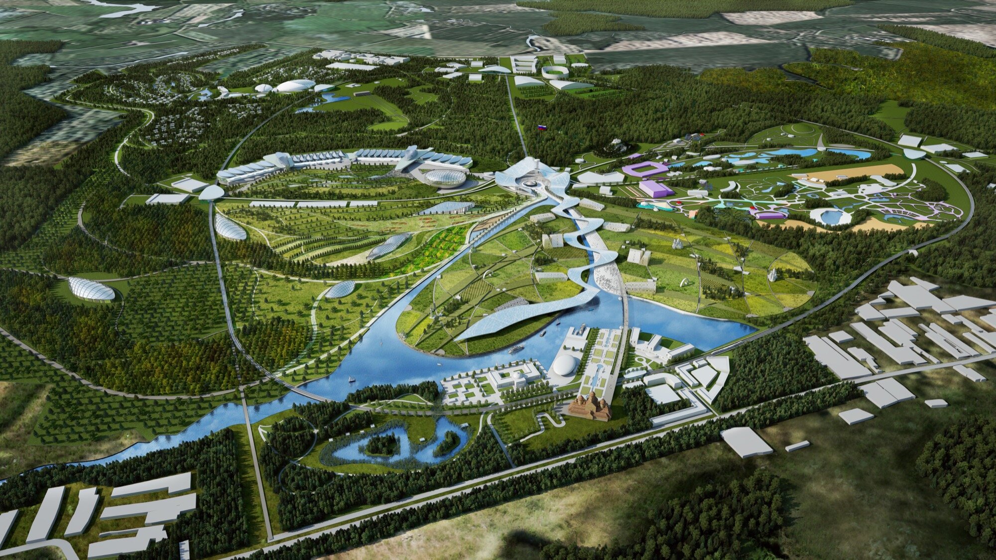 Park Russia masterplan near Moscow featuring large-scale landscape architecture, ecological zones, cultural landmarks, and integrated green infrastructure.