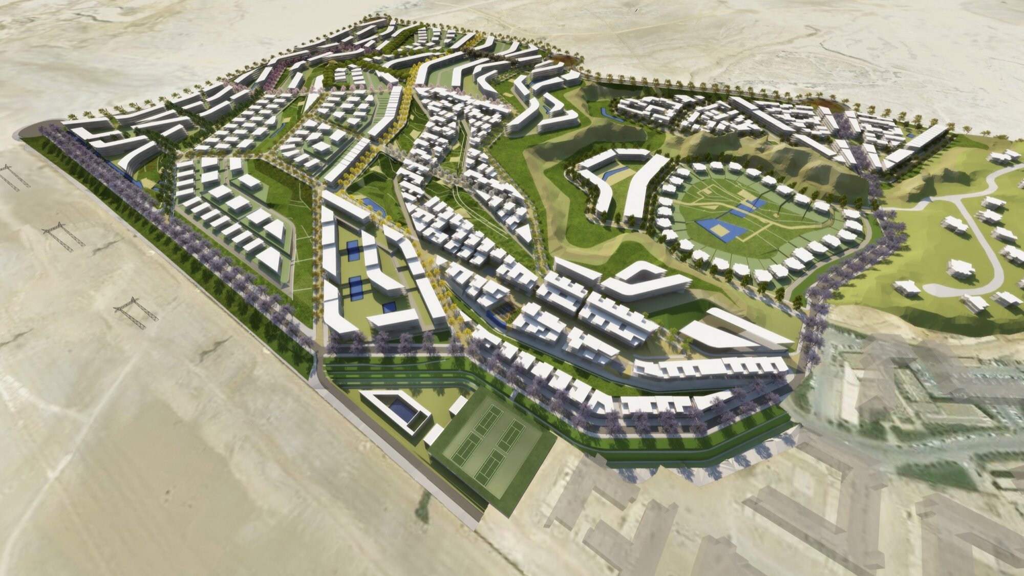 Pyramid Heights Masterplan with integrated landscape architecture, green spaces, residential clusters, and sustainable urban design in desert context.