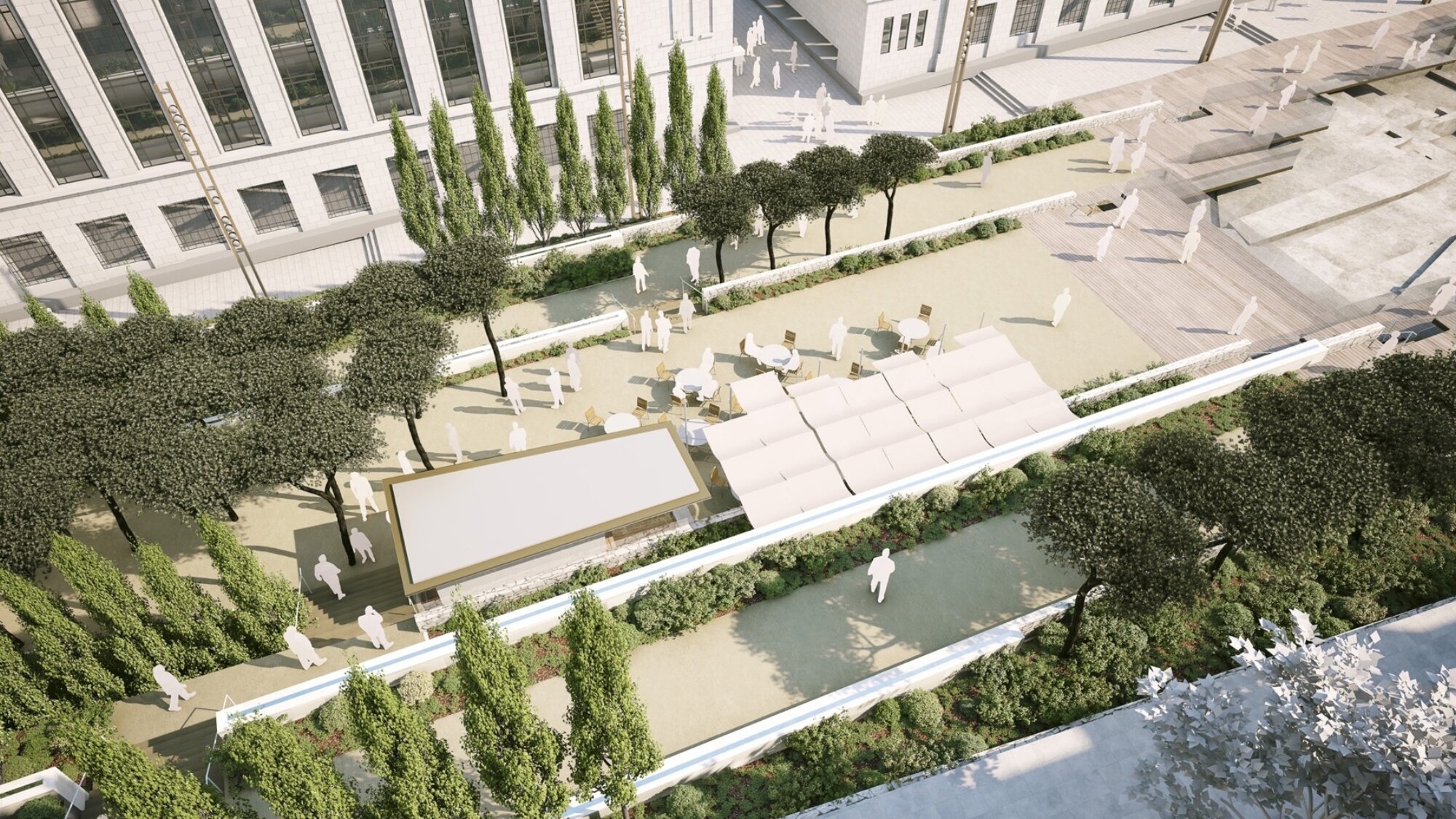Aerial view of Roman Baths landscape design in Lebanon featuring shaded seating, formal planting, and modern urban integration.