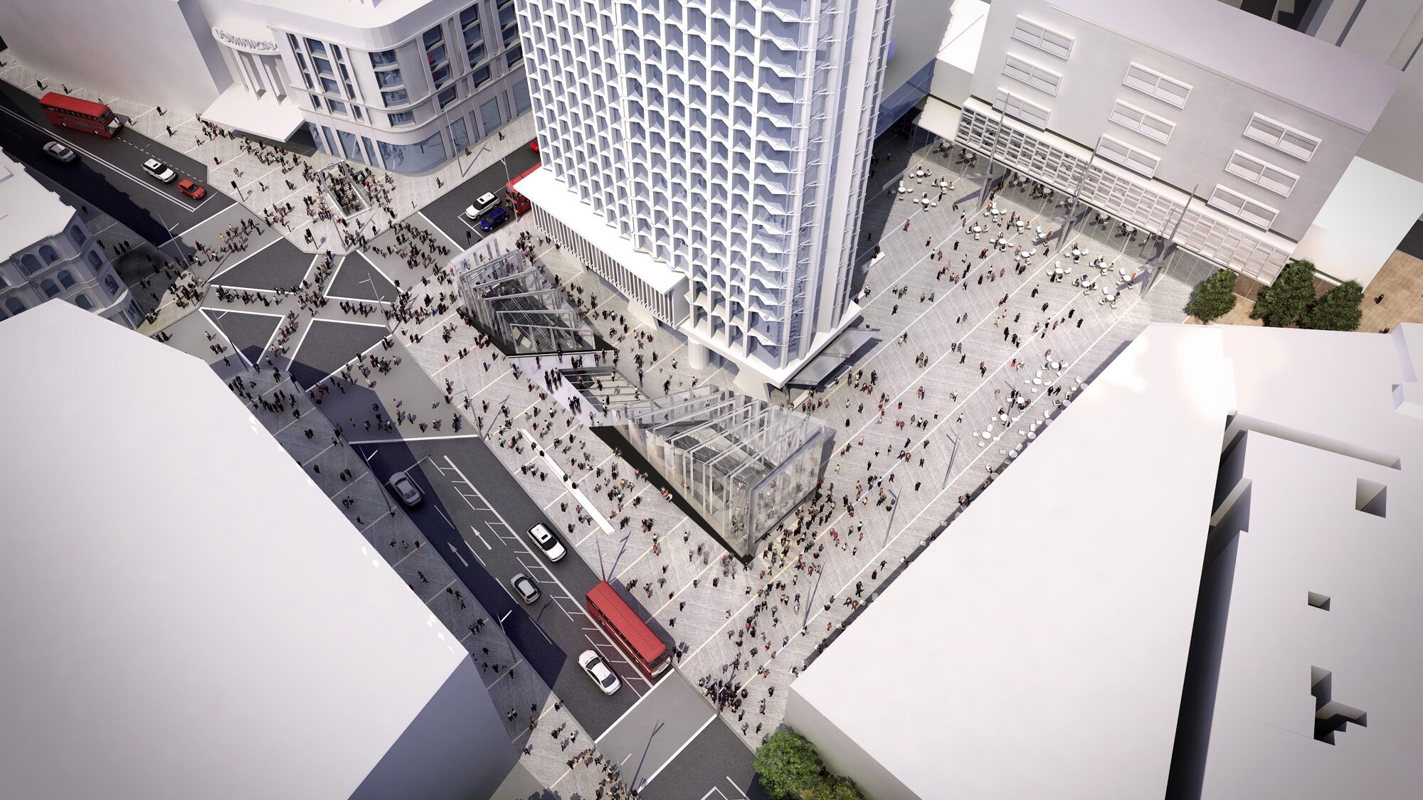 St Giles Circus public realm design with pedestrian plaza, landscape architecture, and Crossrail station entrance at Tottenham Court Road.