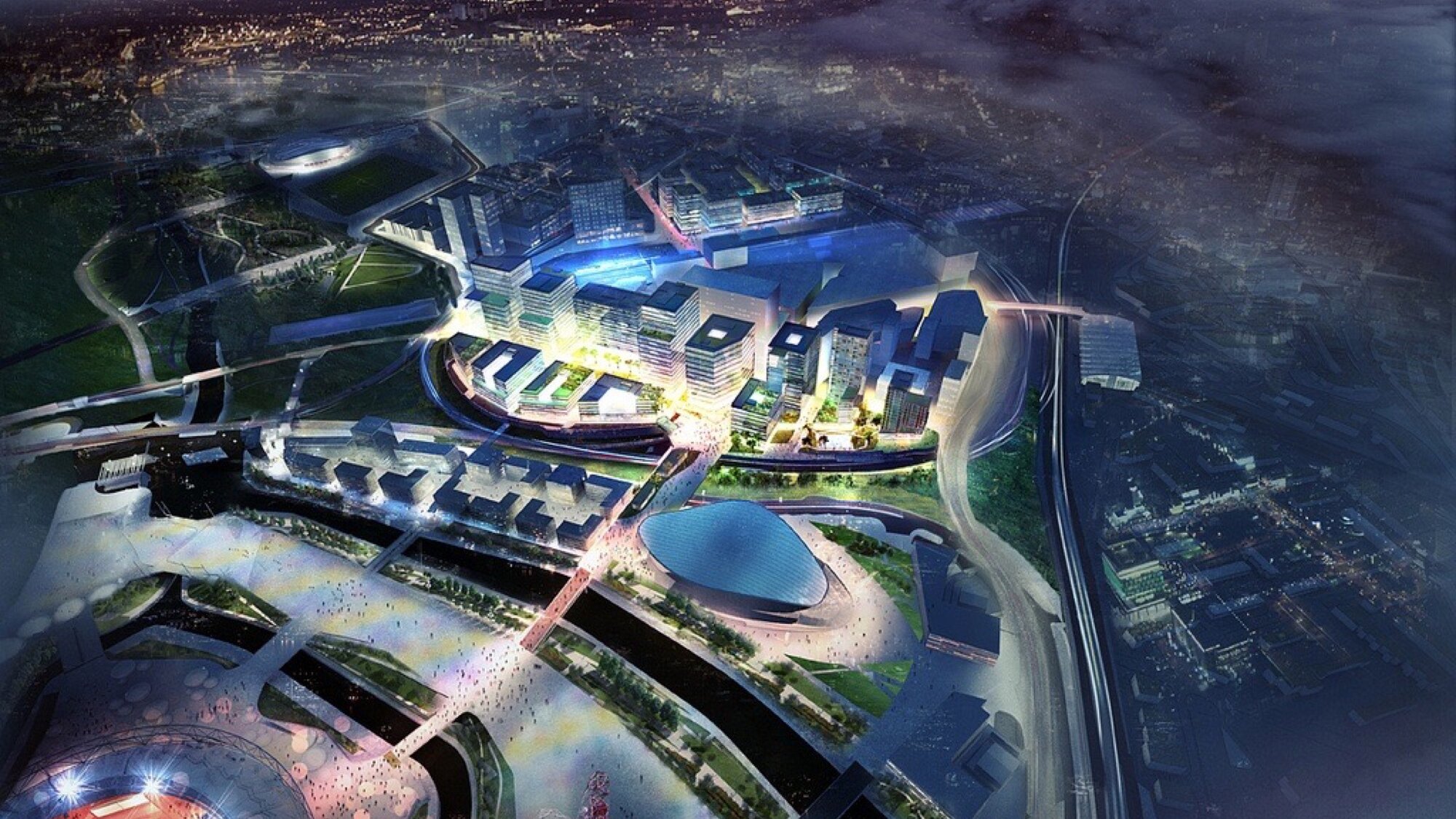 Stratford International Quarter night aerial view with urban masterplan, public realm, green spaces, and landscape architecture design.