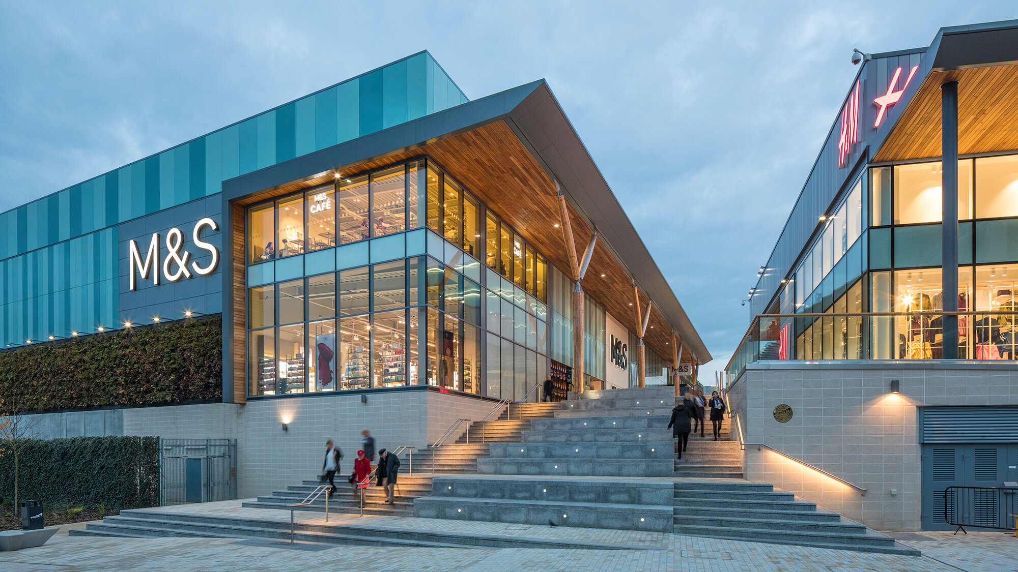 The Lexicon Bracknell public realm with modern retail architecture, landscaped plazas, and urban design enhancing pedestrian experience.