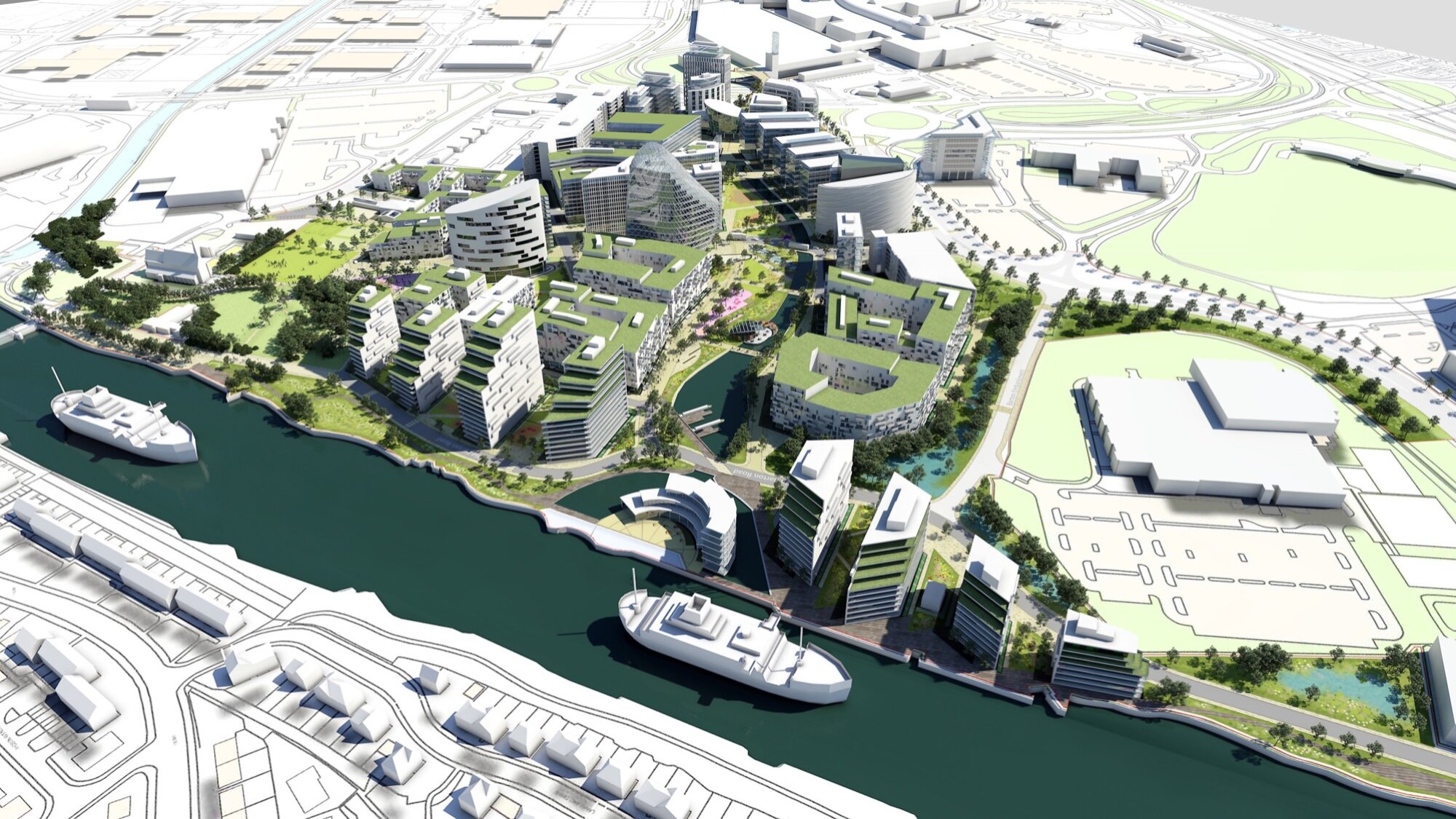 Masterplan landscape design for mixed-use development at Manchester Ship Canal, featuring green roofs and public realm.