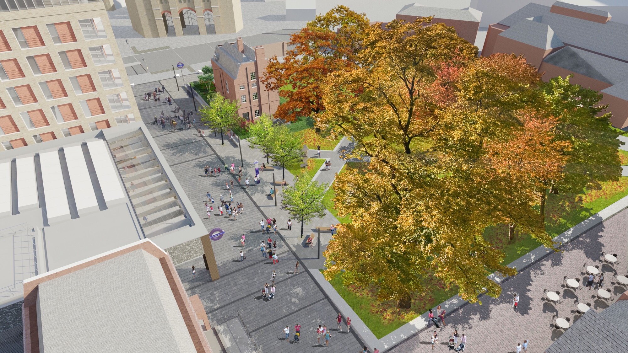 ChatGPT said: Aerial view of Woolwich Crossrail public realm masterplan featuring urban landscaping, mature trees, plazas, and pedestrian-friendly design.