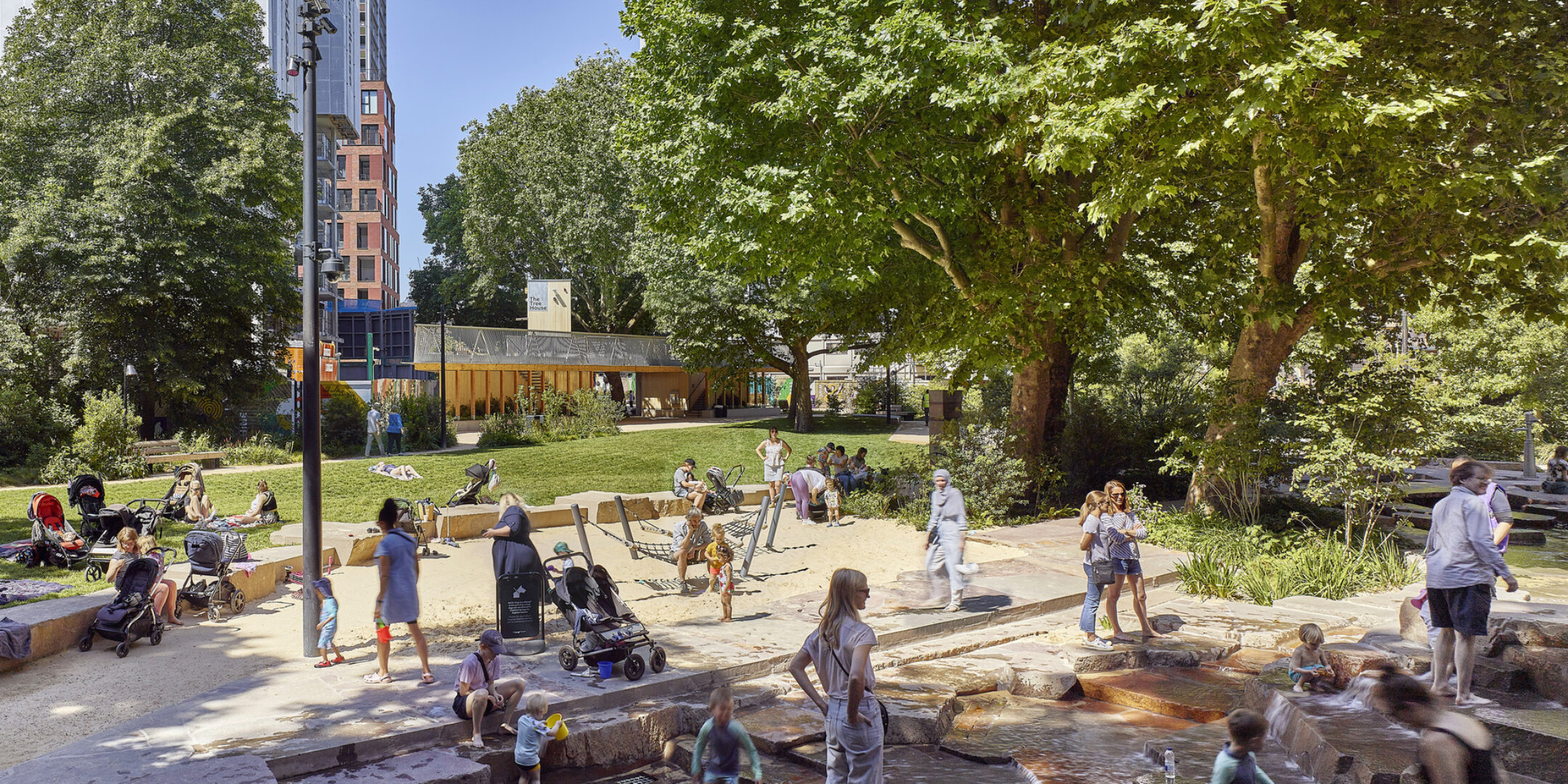 View of Elephant Springs, a new children's play area at Elephant Park