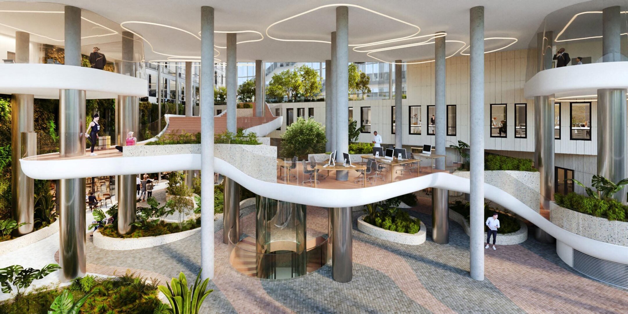 Interior of Danube House, an office development in Prague with lush internal planting, floating staircase and sculptural architectural design.