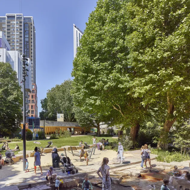 View of Elephant Springs, a new children's play area at Elephant Park