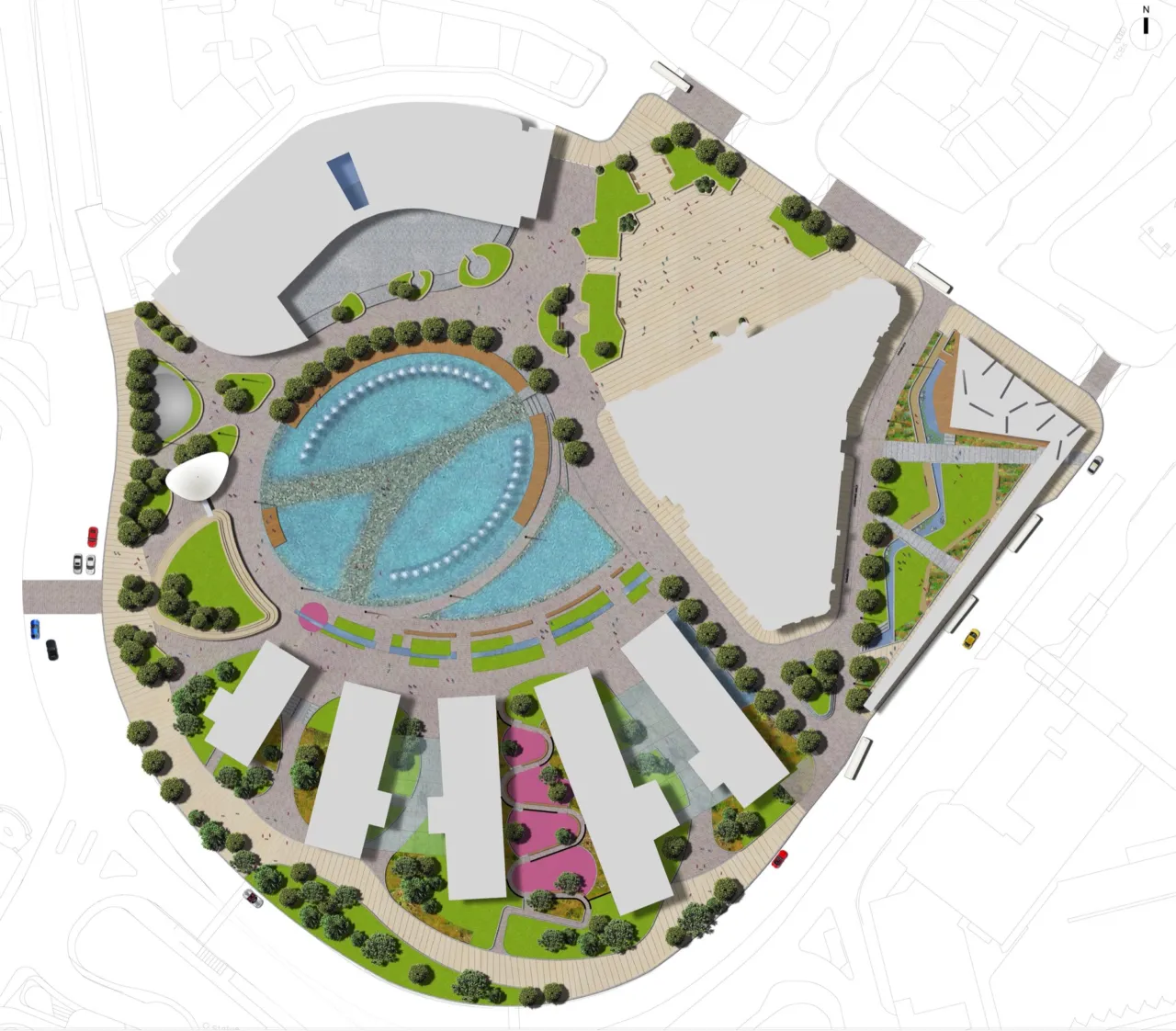 Plan of Bradford City Park with mirror pool, illuminated fountains, and urban public realm design by landscape architecture professionals, Gillespies.