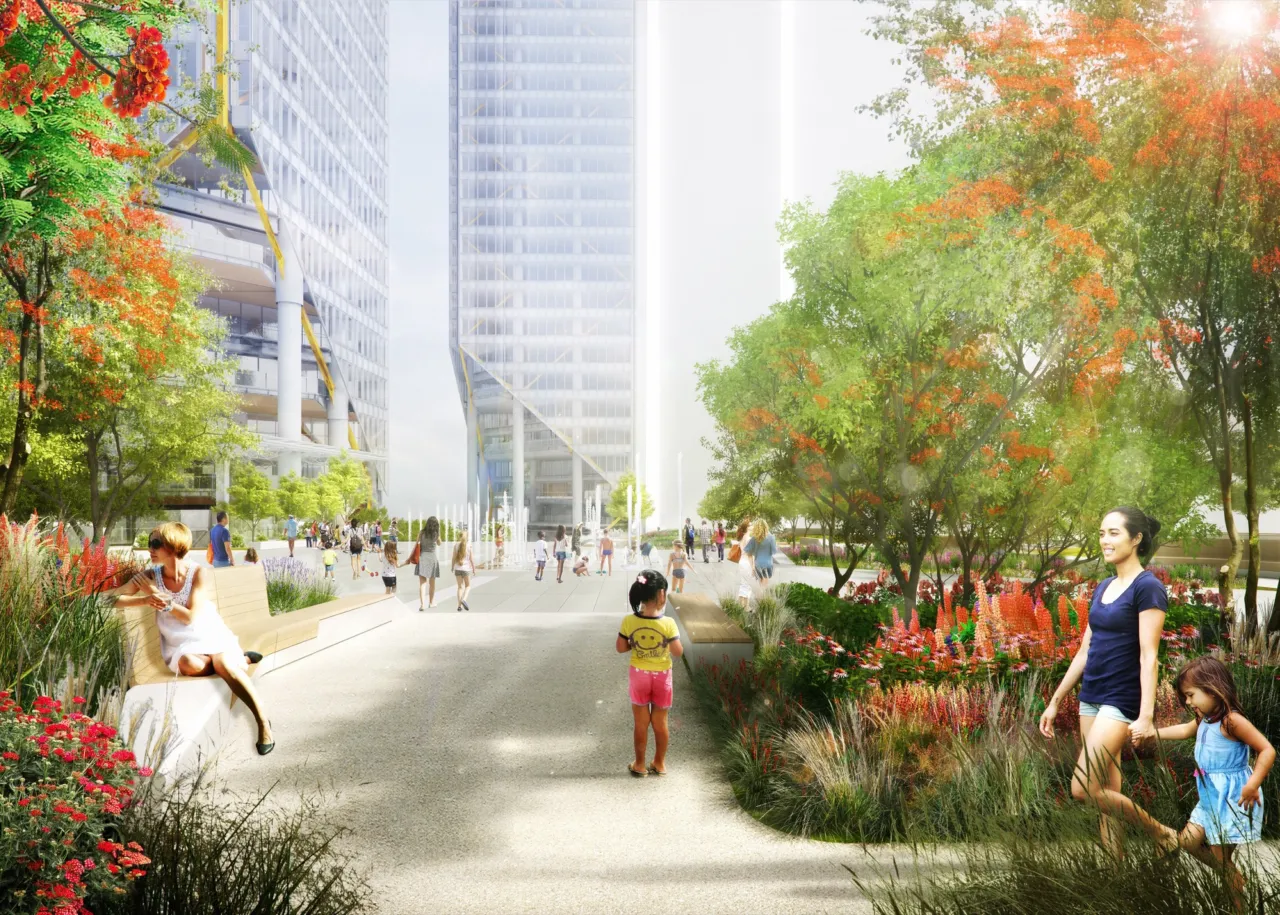 ATRIO Bogotá landscape design with colorful planting, tree canopy, and pedestrian-friendly public space for inclusive urban living.