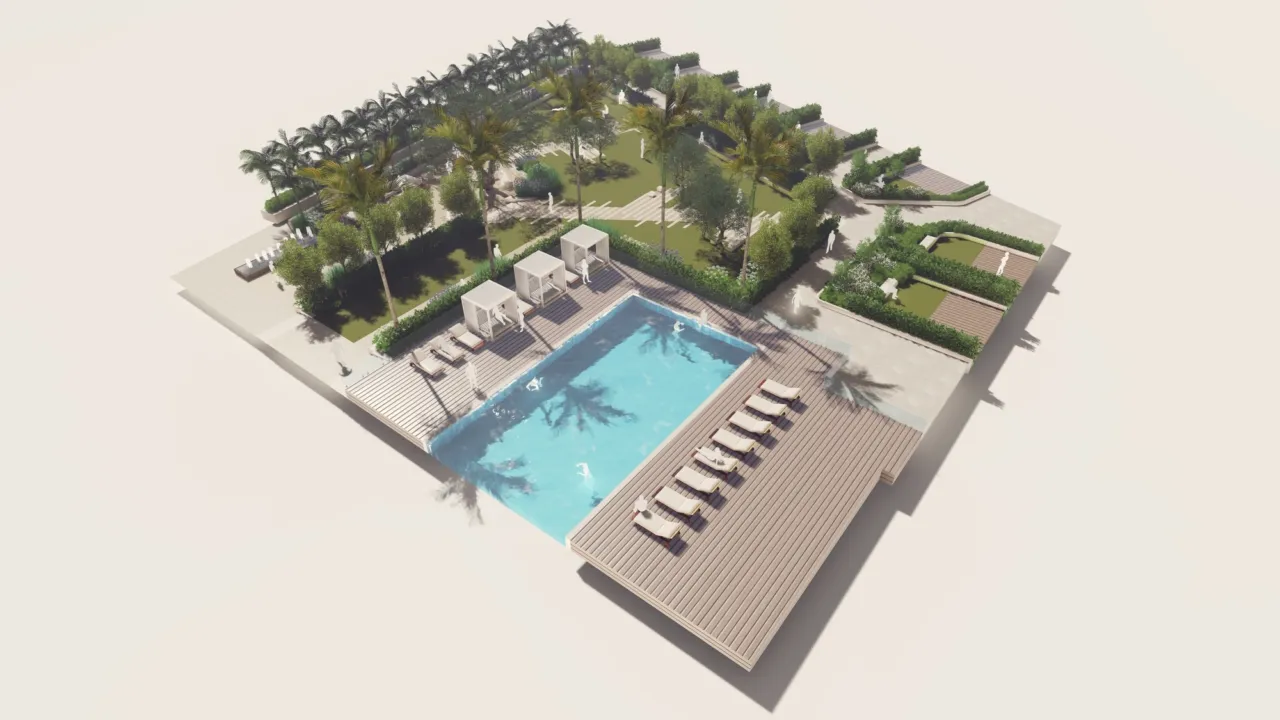 Illustrative masterplan of a luxury residential courtyard featuring a central swimming pool, timber sun deck, cabanas, palm lined gardens and terraced planting.
