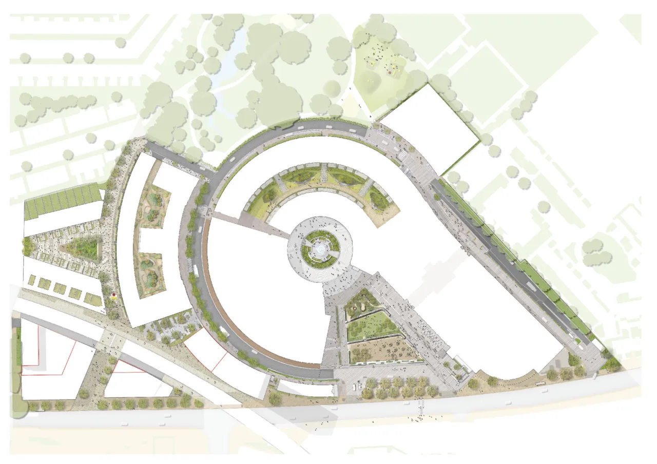 Television Centre landscape masterplan with circular plaza, green spaces, planting design, and public realm landscape architecture layout.