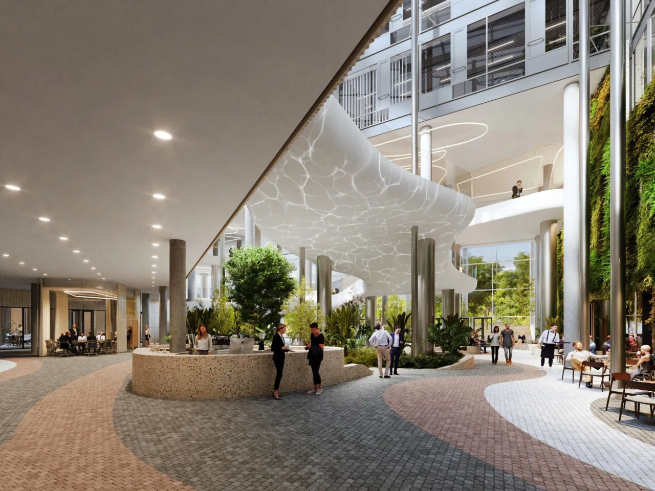 Lush internal planting and biophilic design at Danube House, Prague with sculptural floating staircase and natural materials.