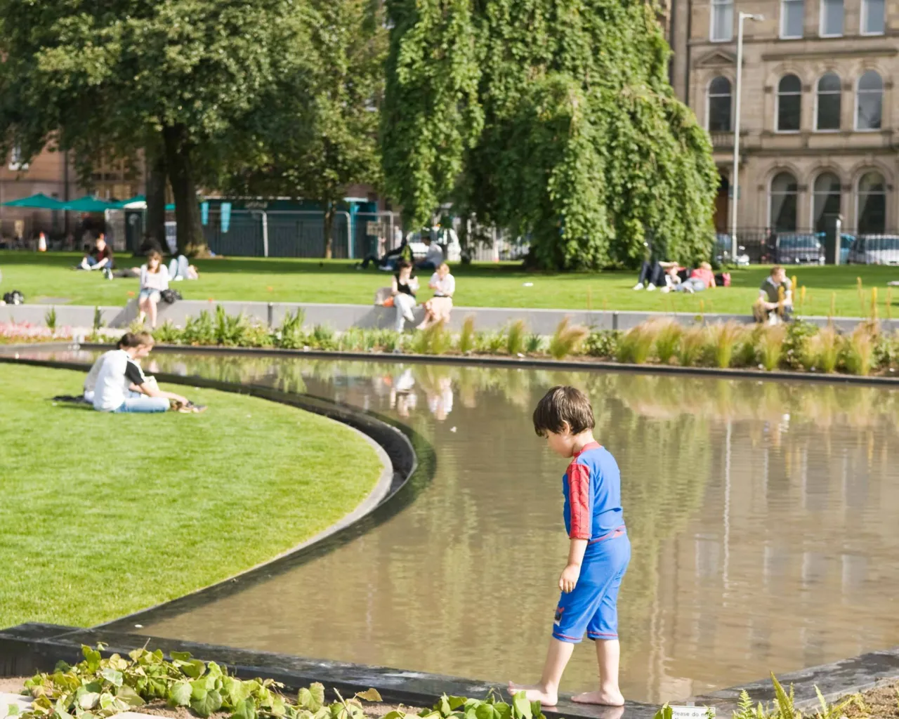 Reflective pool framed by waterside planting