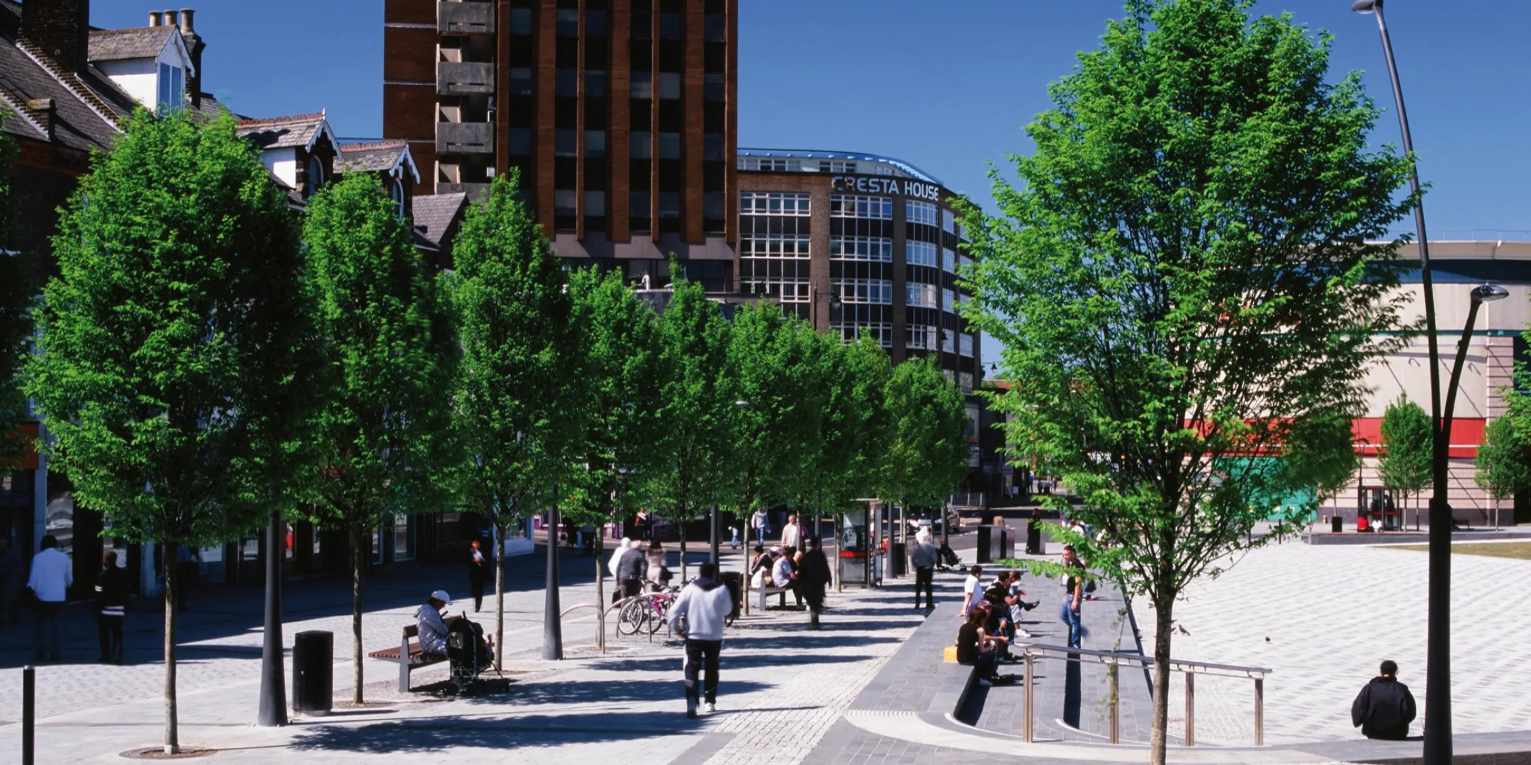St George’s Square urban landscape with tree planting, seating areas, and pedestrian-friendly public realm design.