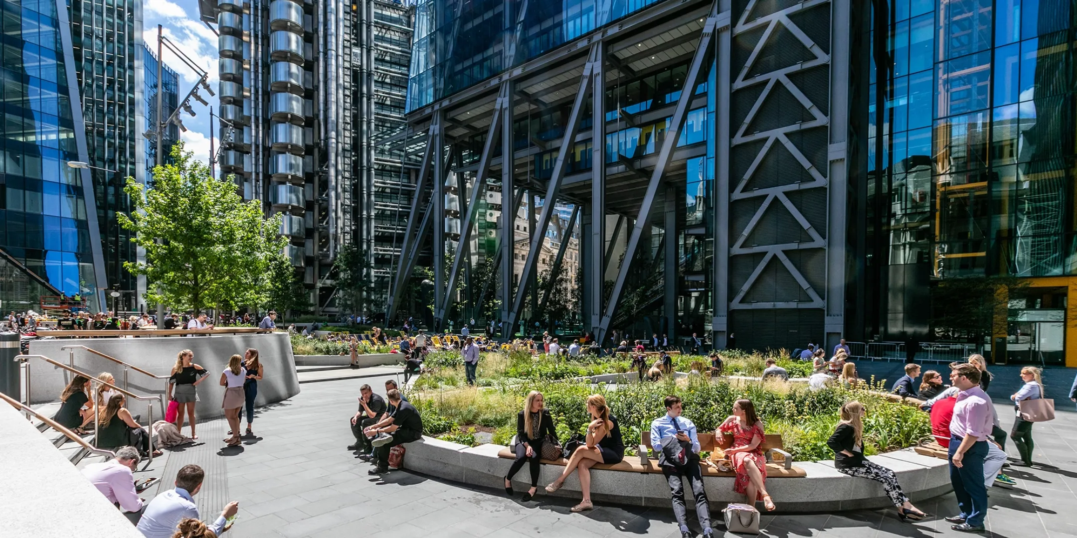 St Helen’s Square landscape architecture with lush planting, curved seating, and activated public realm in City of London.