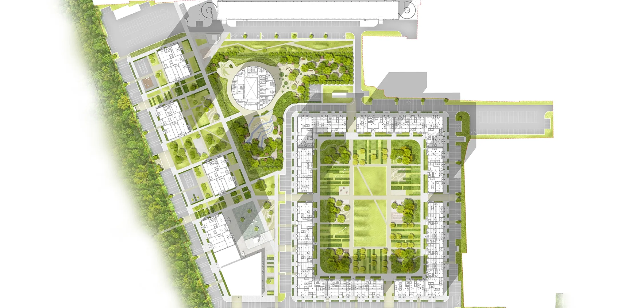Landscape masterplan of Varshavskoe Shosse showcasing integrated urban green space, pathways, residential zones, and sustainable landscape architecture.