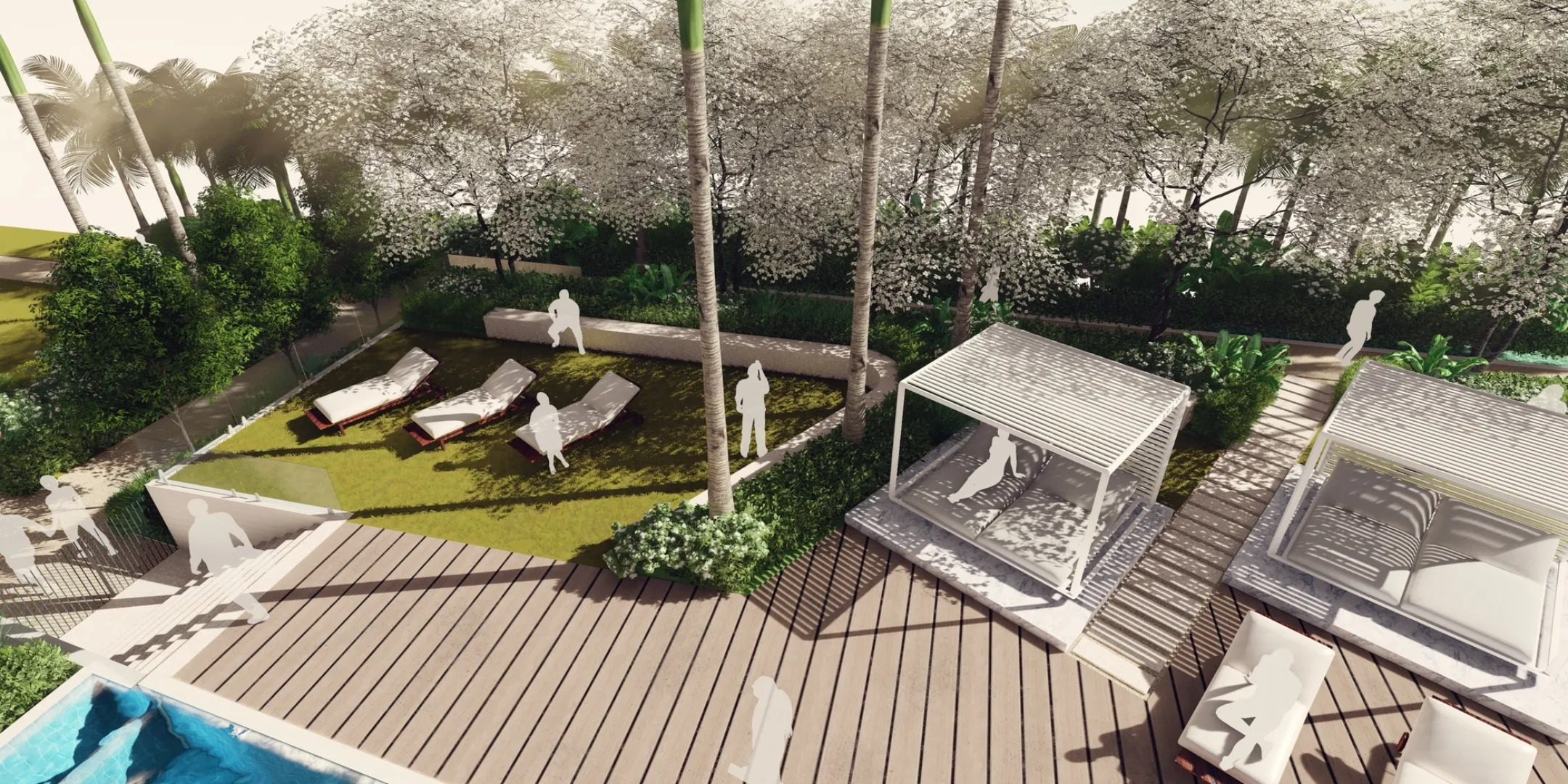 The private garden terraces offer visitors shaded cabanas and lounge seating set within lush, layered planting overlooking the marina