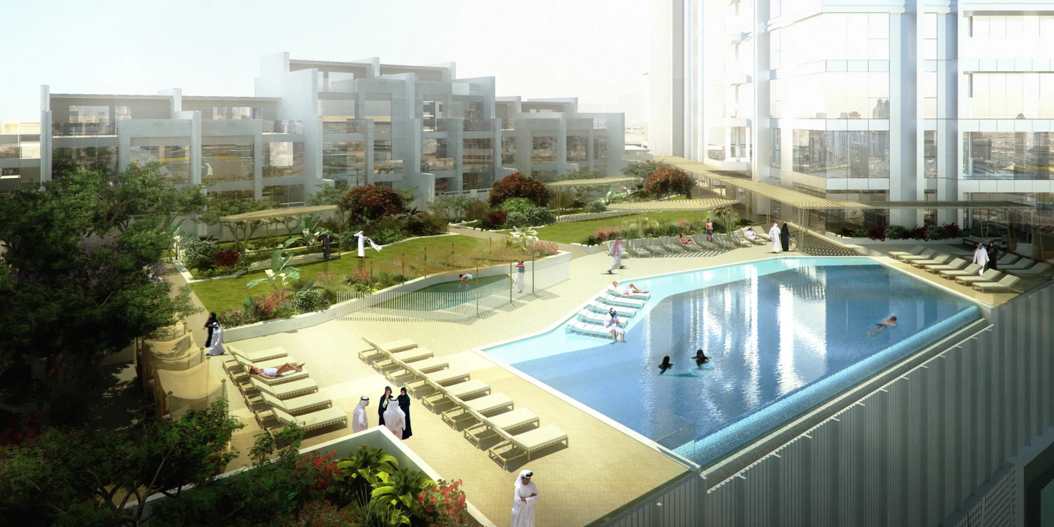 Visual of luxury gardens and a 63-storey tower providing luxury services residential apartments