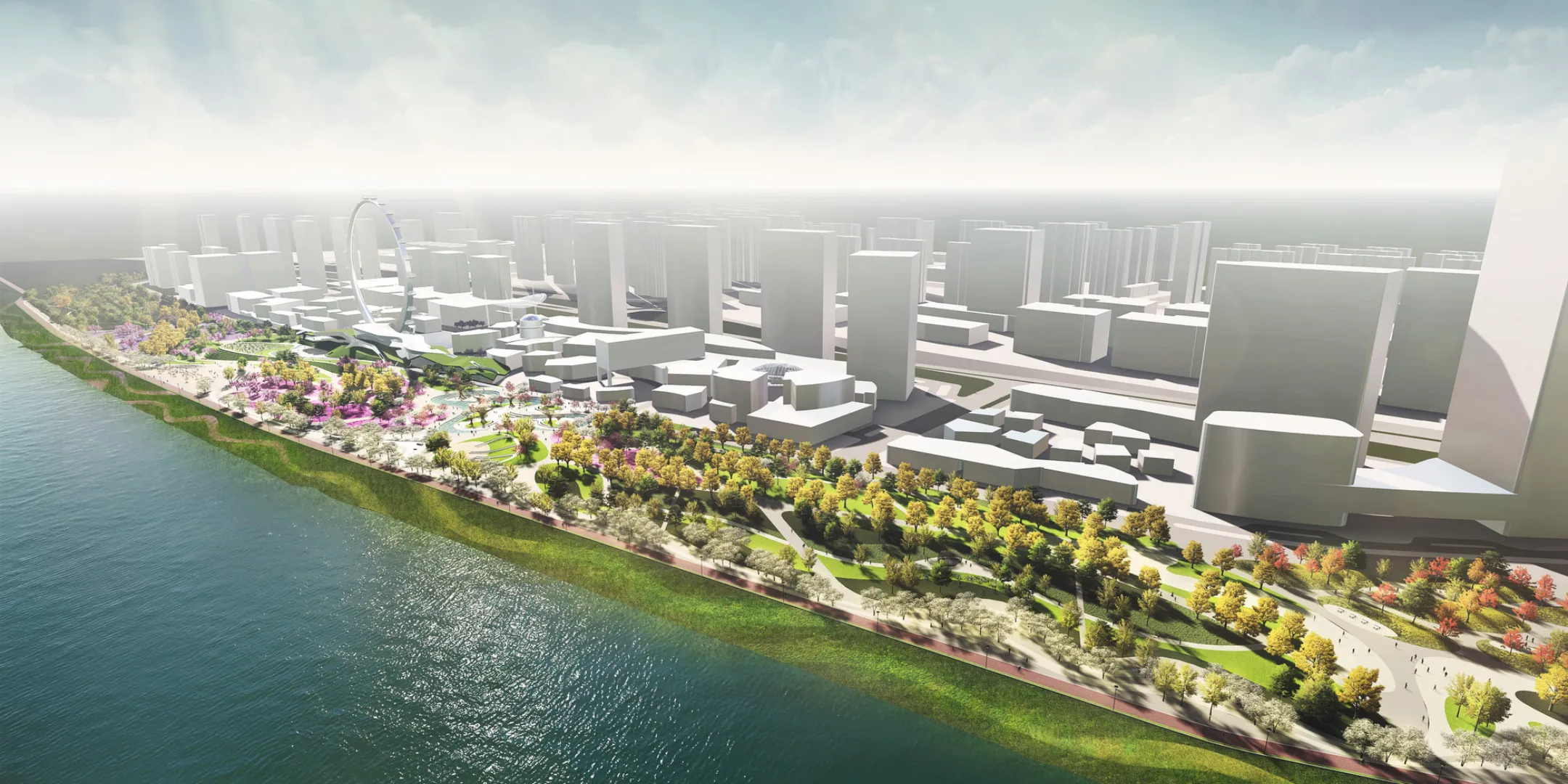 Aerial visualisation of Nanjing Hexi Park showing a linear waterfront park with tree lined promenades, landscaped gardens and a continuous green corridor set against a dense urban skyline.
