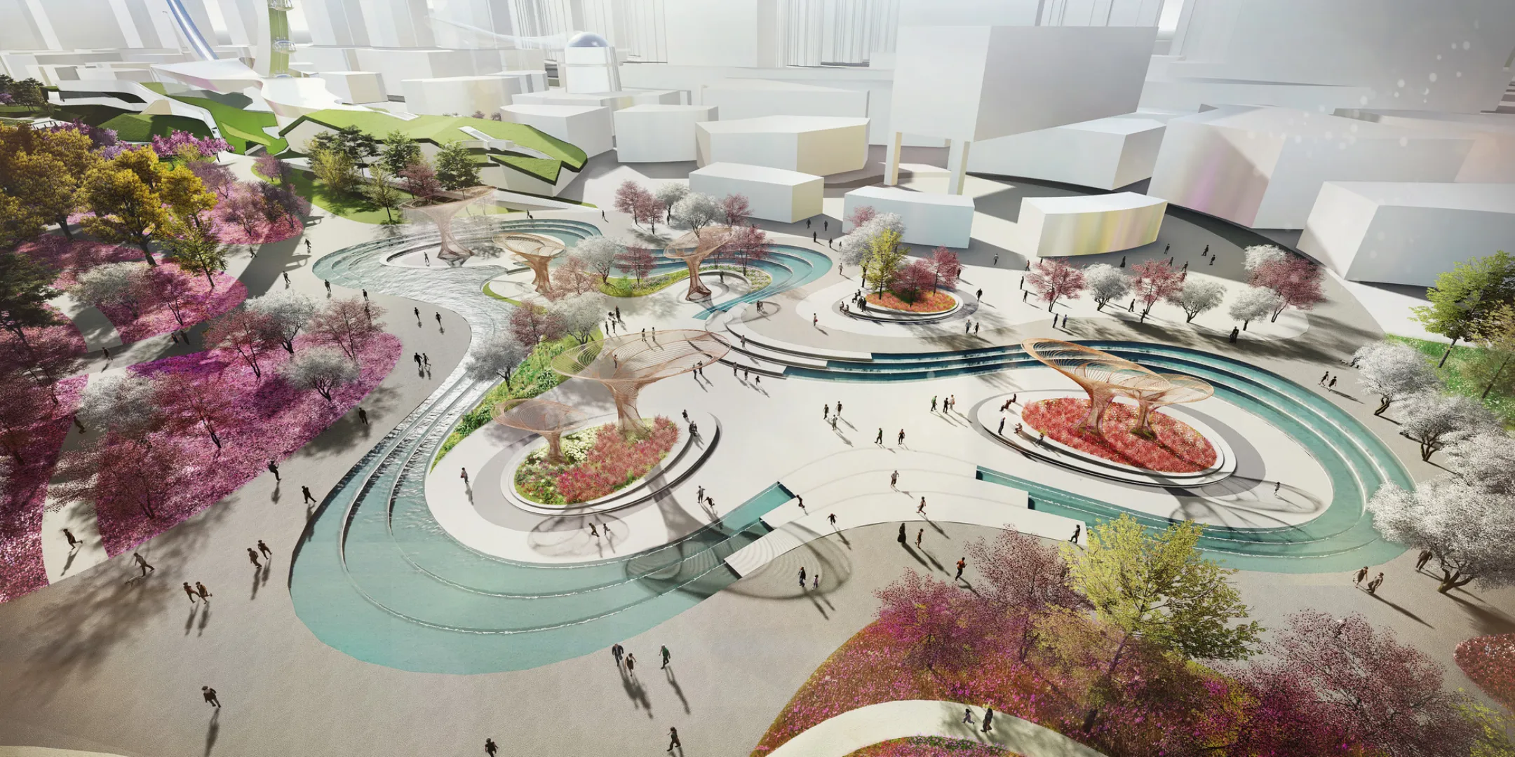 Aerial visualisation of a contemporary civic plaza with flowing water channels, circular planting beds, sculptural shade structures and tree lined gardens set within a dense urban district.