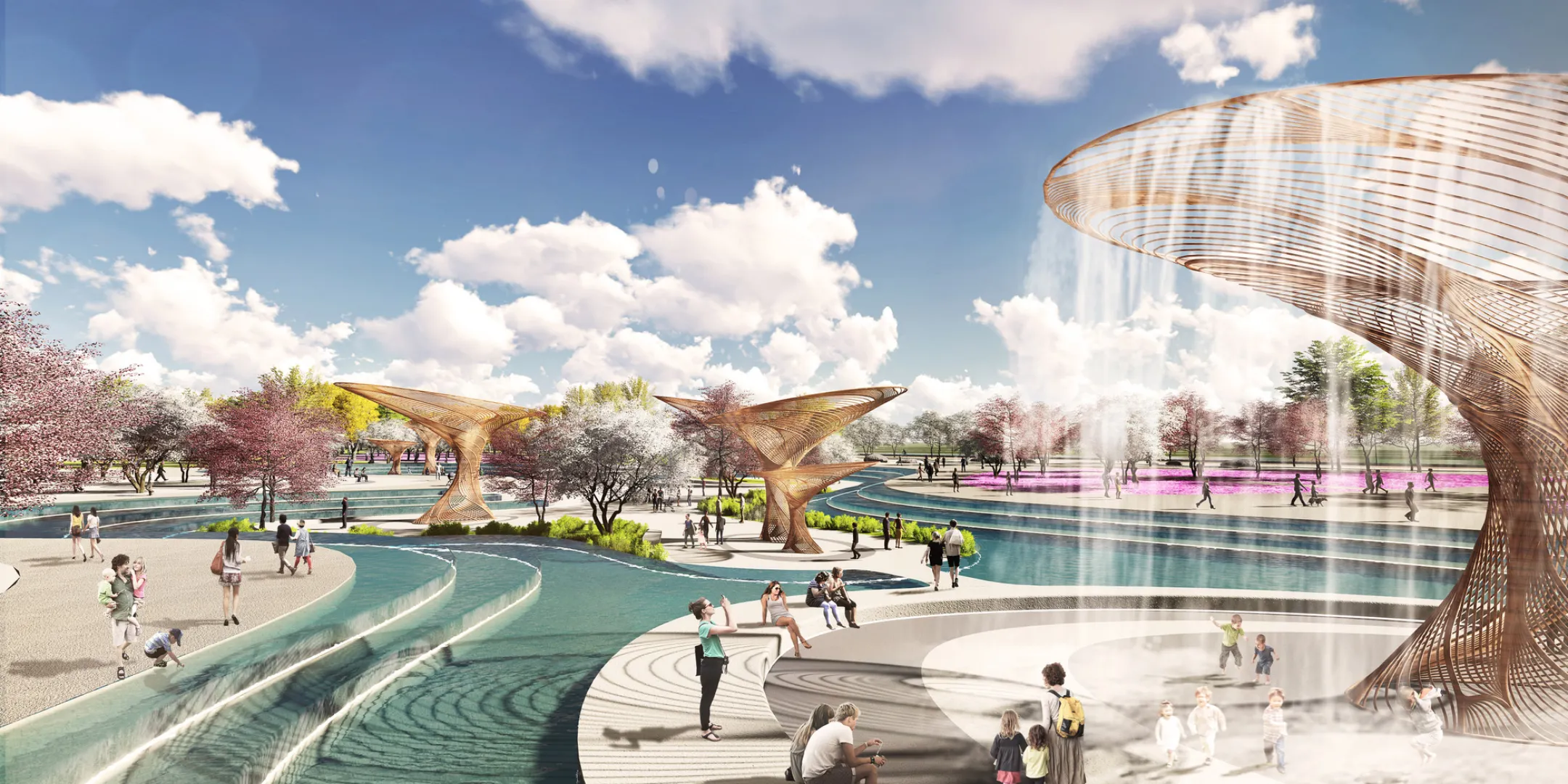 Visualisation of a contemporary riverside park with interactive water features, sculptural shade structures, terraced seating and people gathering within landscaped public spaces.