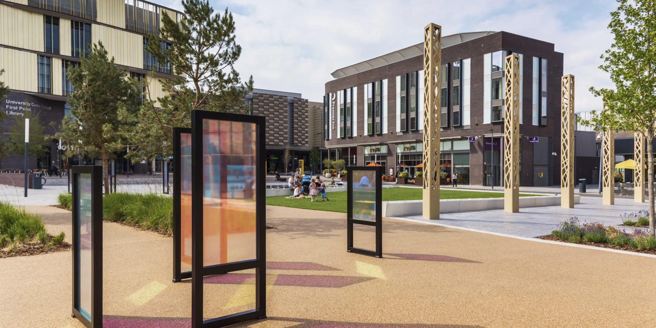 Southwater One public realm with interactive art, urban planting, and placemaking features in contemporary landscape architecture design.