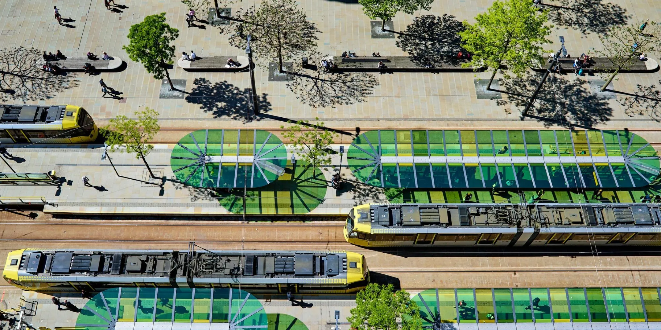 Aerial view of the new tram running through Manchester City Centre