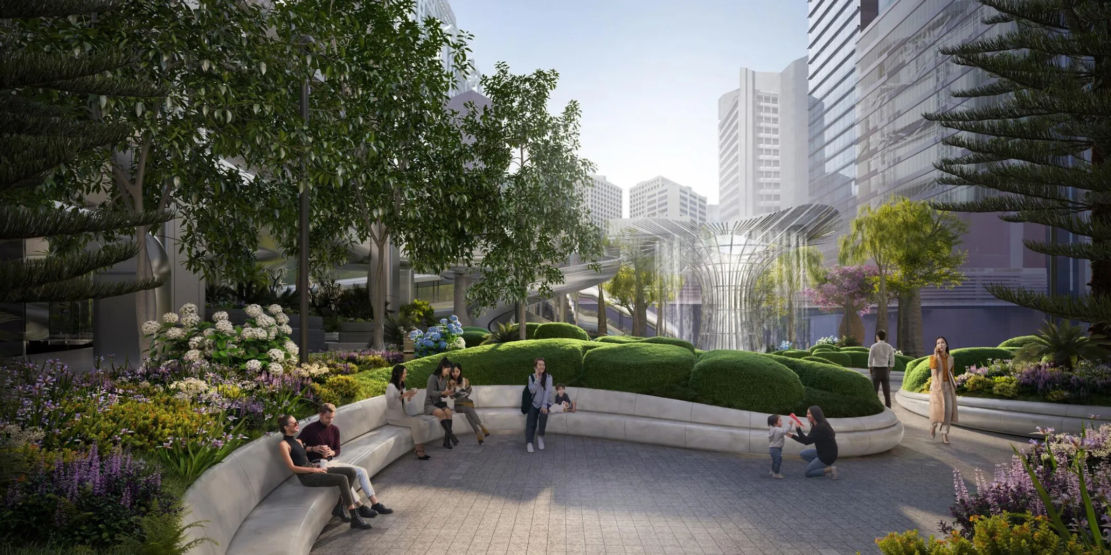 View of the seating area within Henderson Art Garden by Gillespies