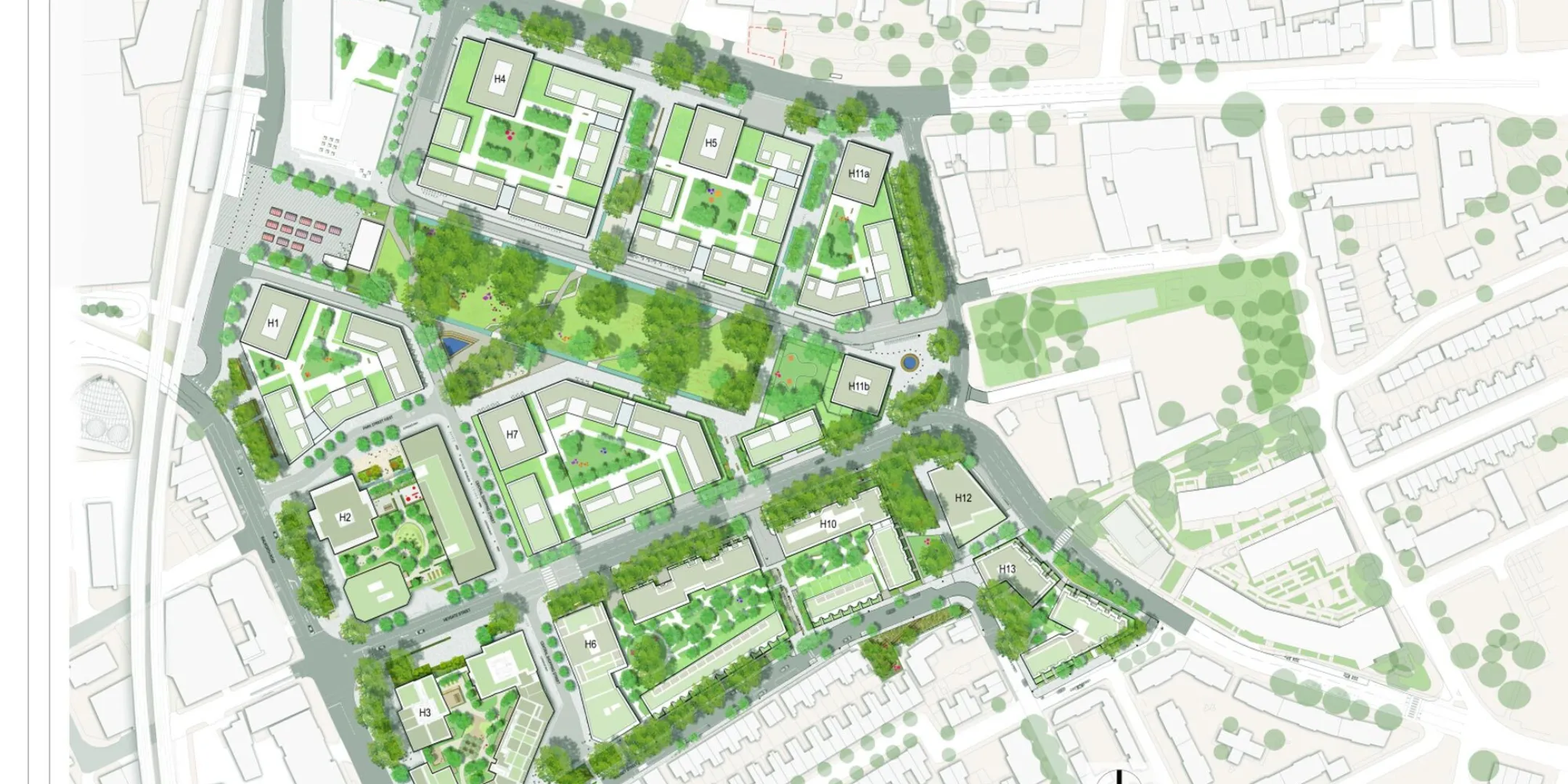 Illustrative landscape masterplan of Elephant Park by Gillespies, showing new residential blocks set within a network of green streets, central parkland and connected public spaces.