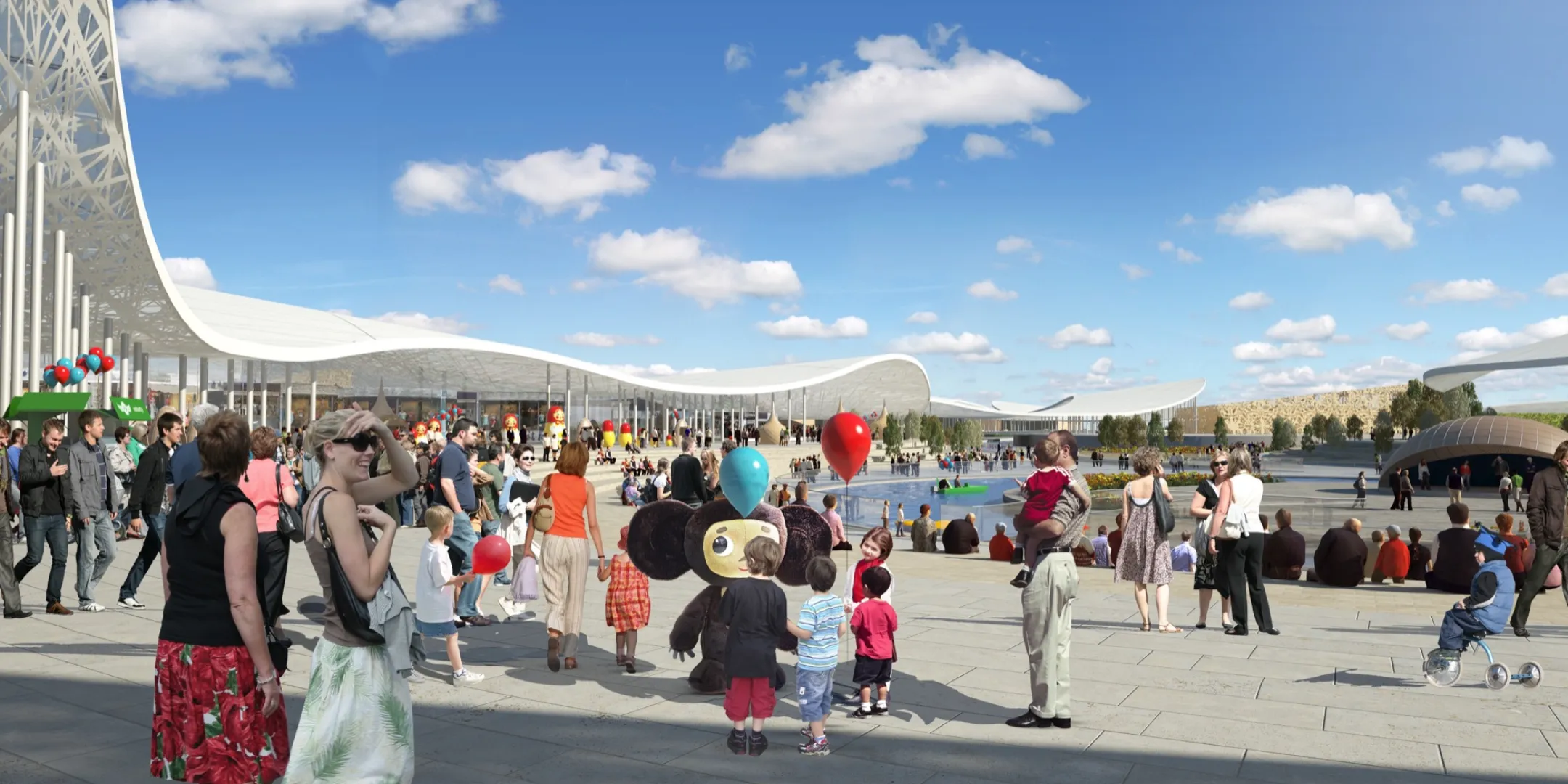 Public plaza at Park Russia with landscape architecture for events, seating, and family-friendly urban design near water feature.