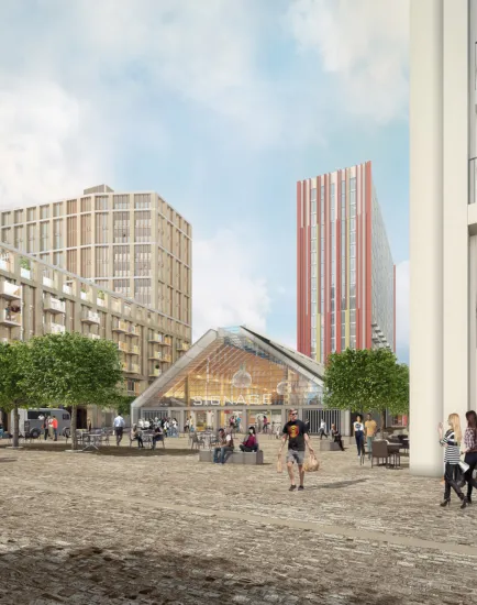 Public square at Media City Phase 2 with mixed-use buildings, trees, and pedestrian-friendly landscape architecture design.