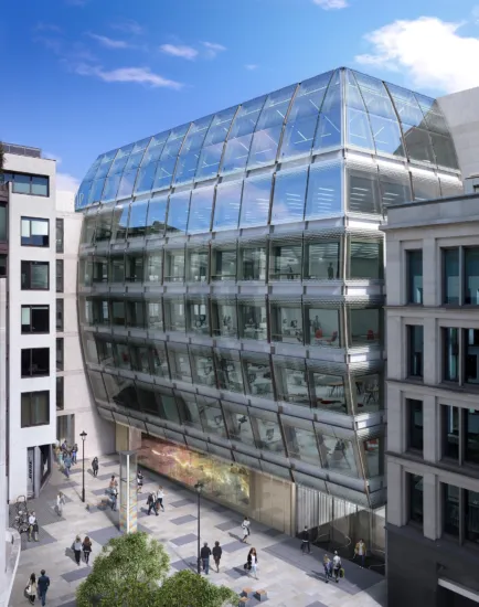 Public realm design and streetscape planting at One New Burlington Place with curved glass façade and urban plaza landscape.