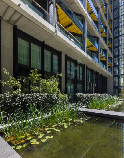 Riverlight residential scheme with water garden, aquatic planting, and modern landscape architecture in South London courtyard design.