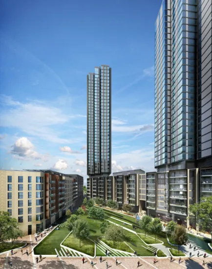 250 City Road landscape design featuring stepped lawns, tree planting, and urban open space framed by residential towers.