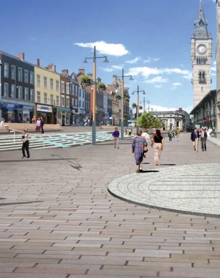Darlington Pedestrian Heart visualisation with natural stone paving, civic space, and enhanced public realm landscape architecture by Gillespies.