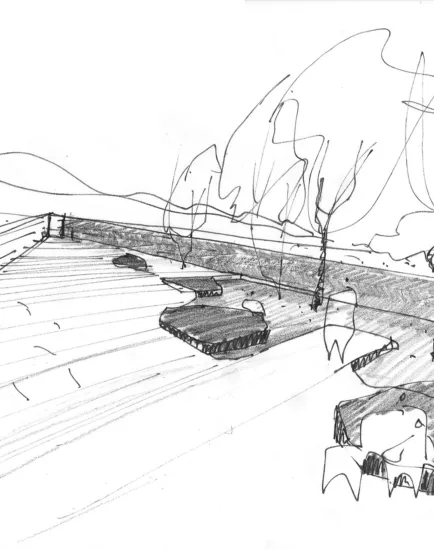 Concept sketch of Macallan Distillery landscape design with seating, trees, and pathways integrated into natural Scottish setting.