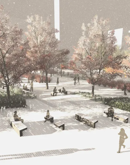 Landscape architecture rendering of PIK Green Park Moscow with seating, autumn trees, and pedestrian-friendly pathways.
