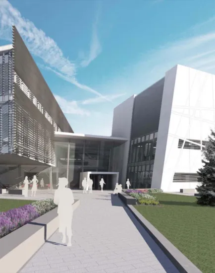 Landscape design rendering for Manchester Cancer Research Centre featuring formal planting, open lawn, and pedestrian-friendly layout.
