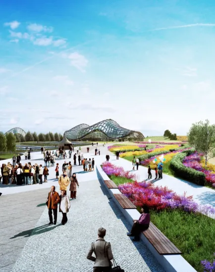 Park Russia landscape design with vibrant planting, pedestrian walkways, flexible open spaces showcasing contemporary feature structures.