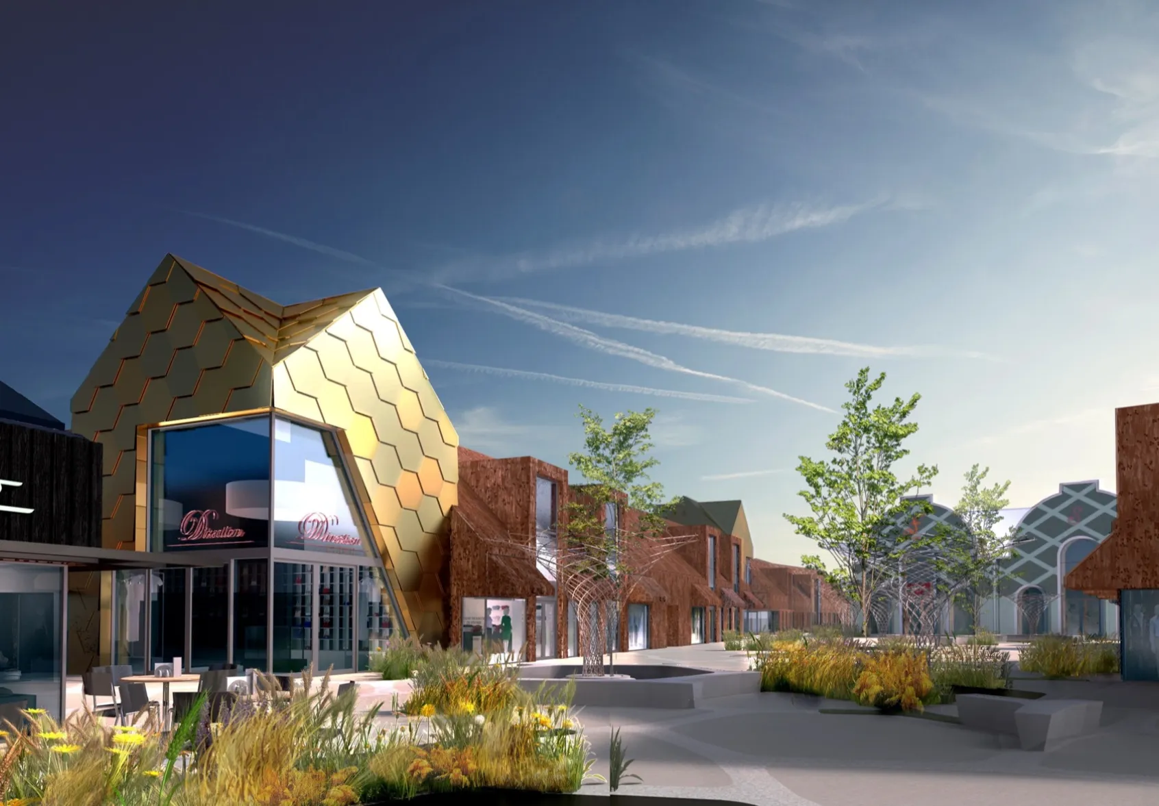 Mill Green Outlet streetscape with gold-clad buildings, tree planting, and landscaped public realm for retail and leisure