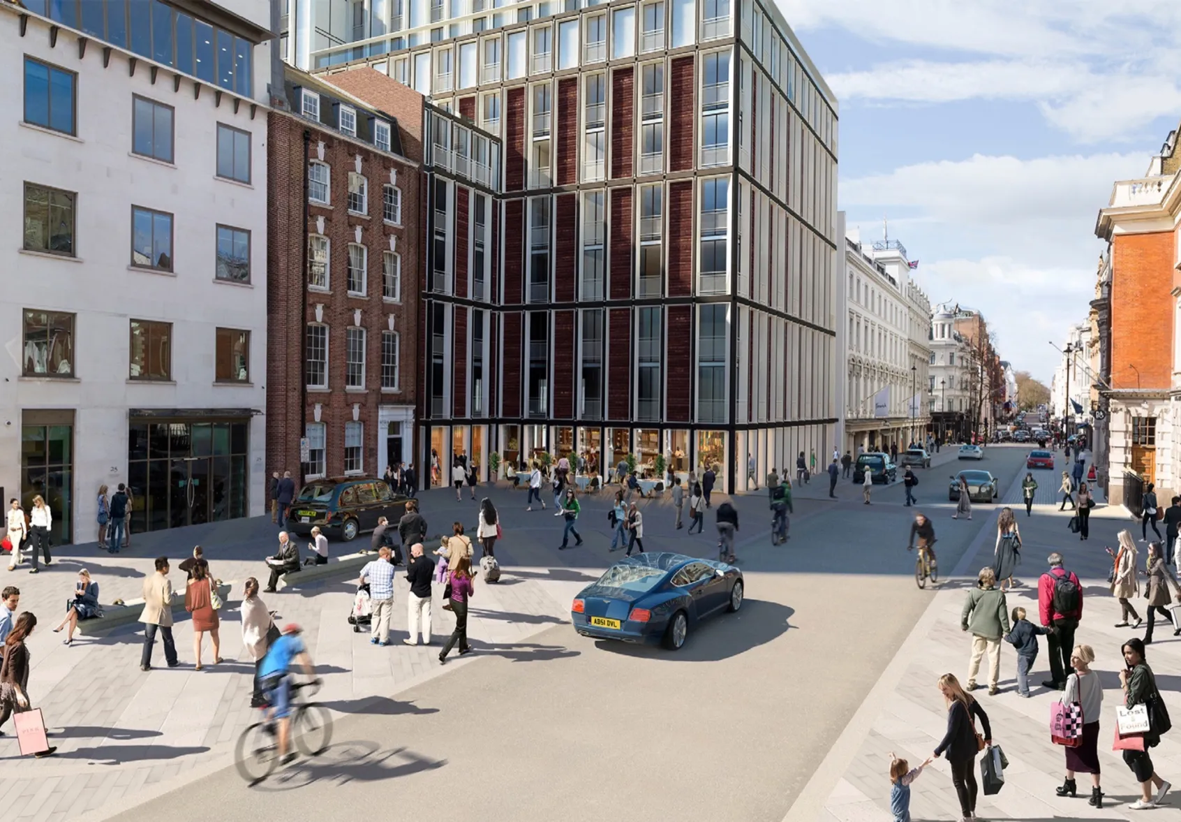 22 Hanover Square streetscape with pedestrian-friendly public realm, contemporary landscape architecture, and active urban square design.