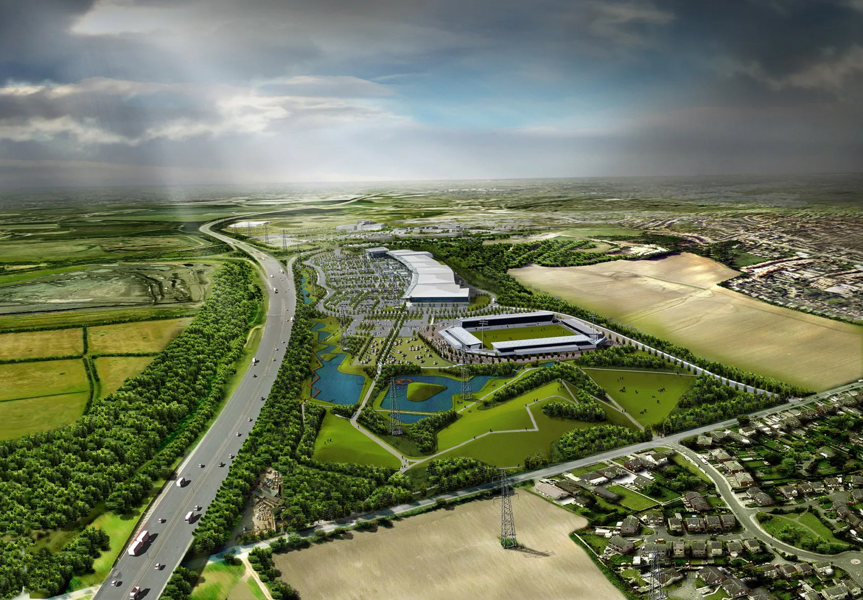 "Five Town Parks aerial masterplan with green spaces, water features, and urban landscape architecture integrated with retail development.