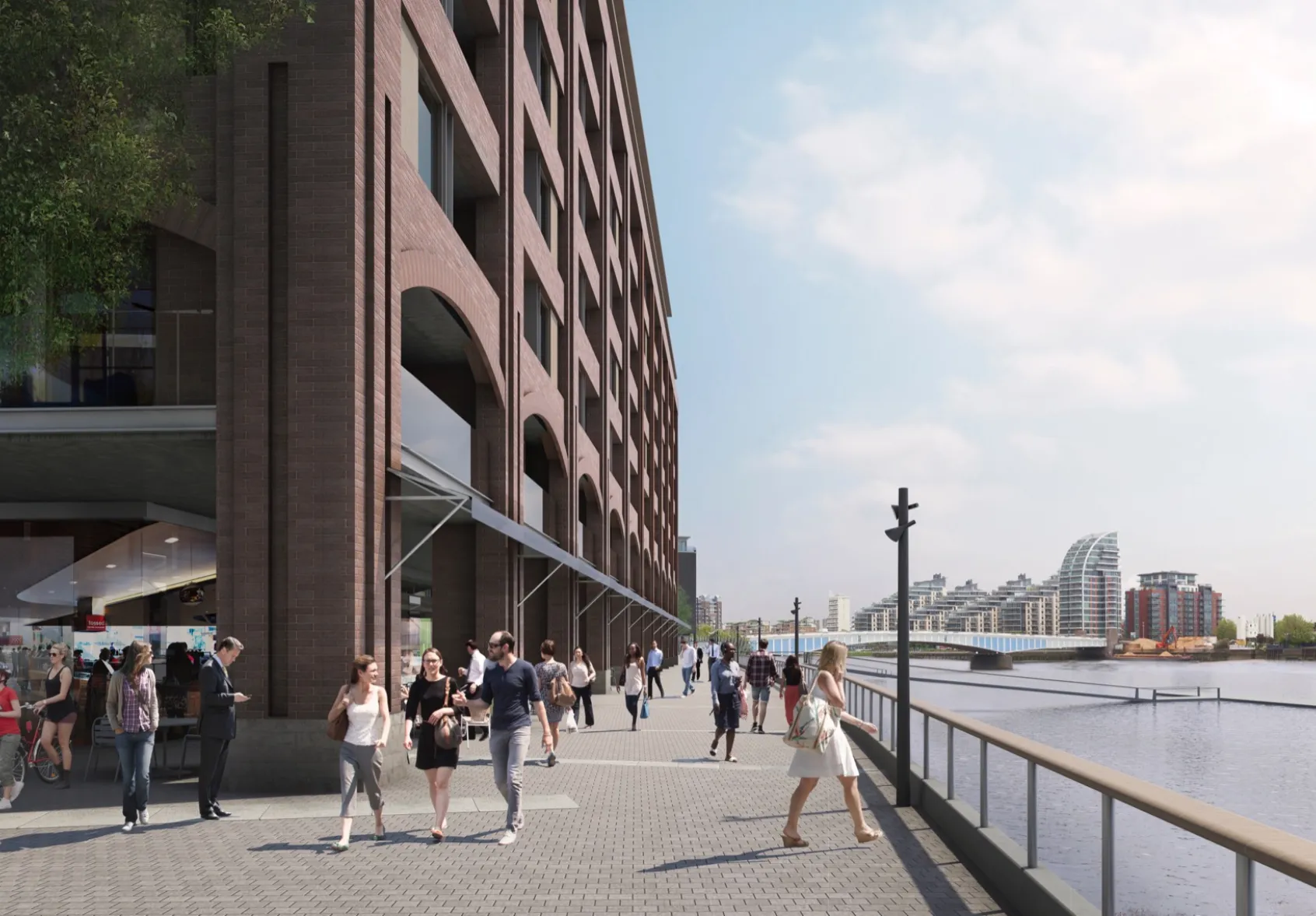 Fulham Riverside public realm with riverside promenade, pedestrian-friendly design, and mixed-use landscape architecture in London.