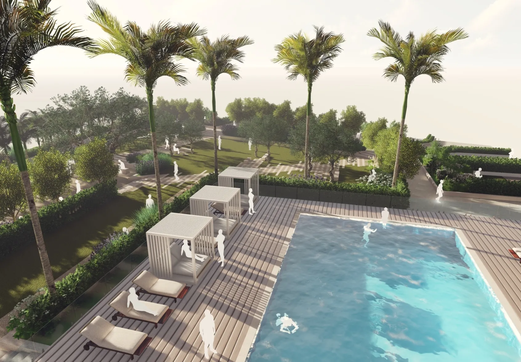 Illustrative view of the landscape featuring a pool, cabanas and decked area