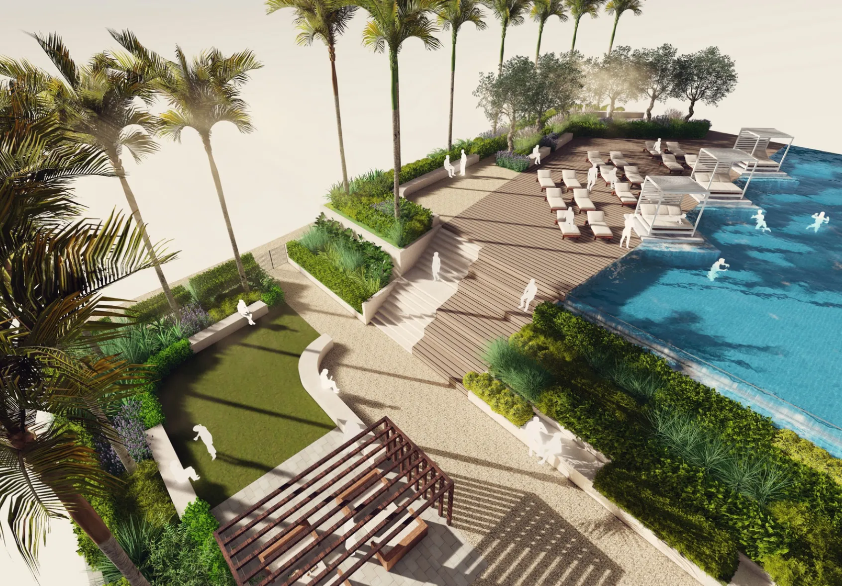 Aerial visualisation of a luxury hotel pool terrace featuring an infinity swimming pool, sun loungers, shaded cabanas, palm trees, and layered landscaped planting