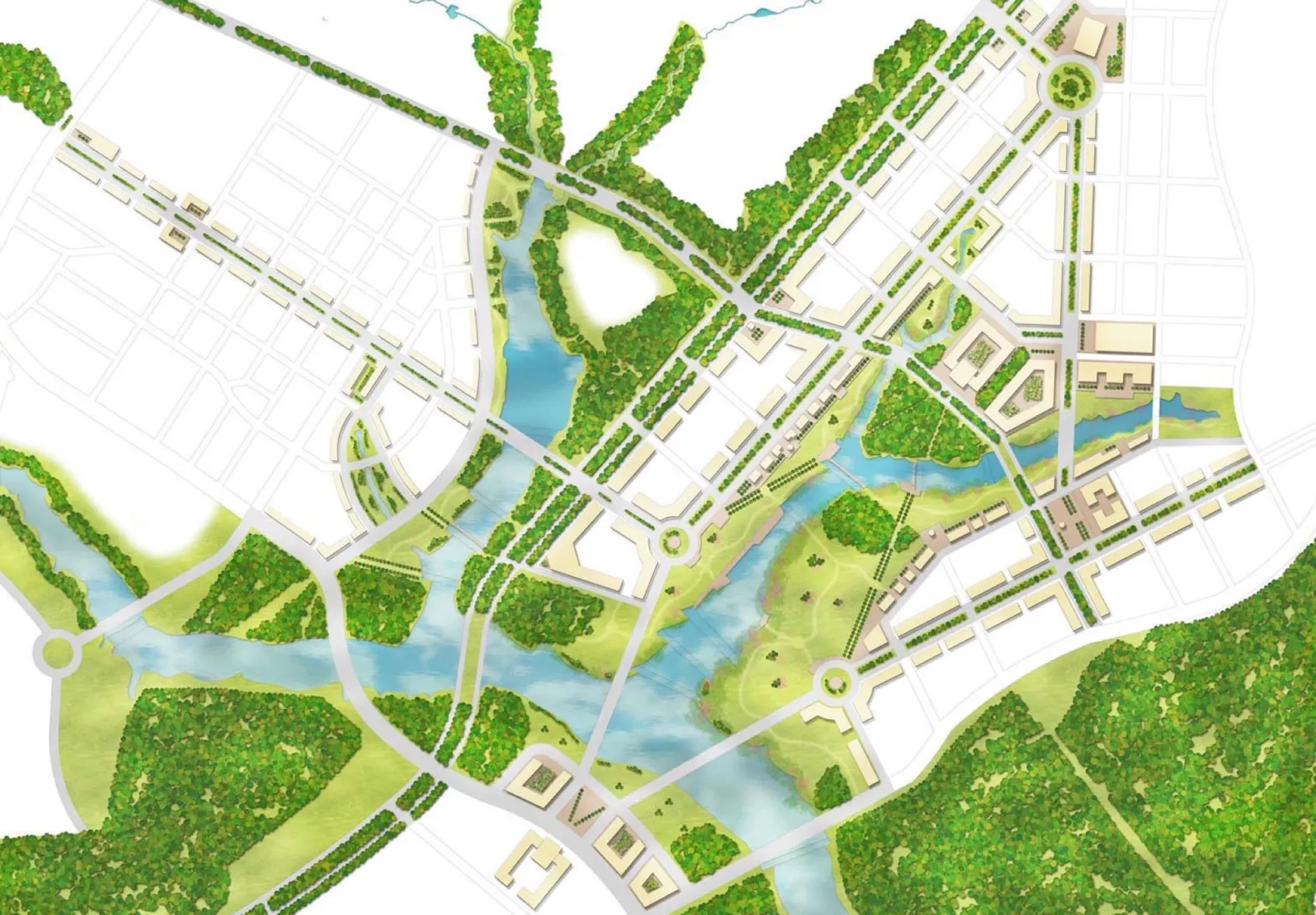 Landscape masterplan of Moscow Capital District with green corridors, rivers, public spaces, and sustainable urban design strategy.