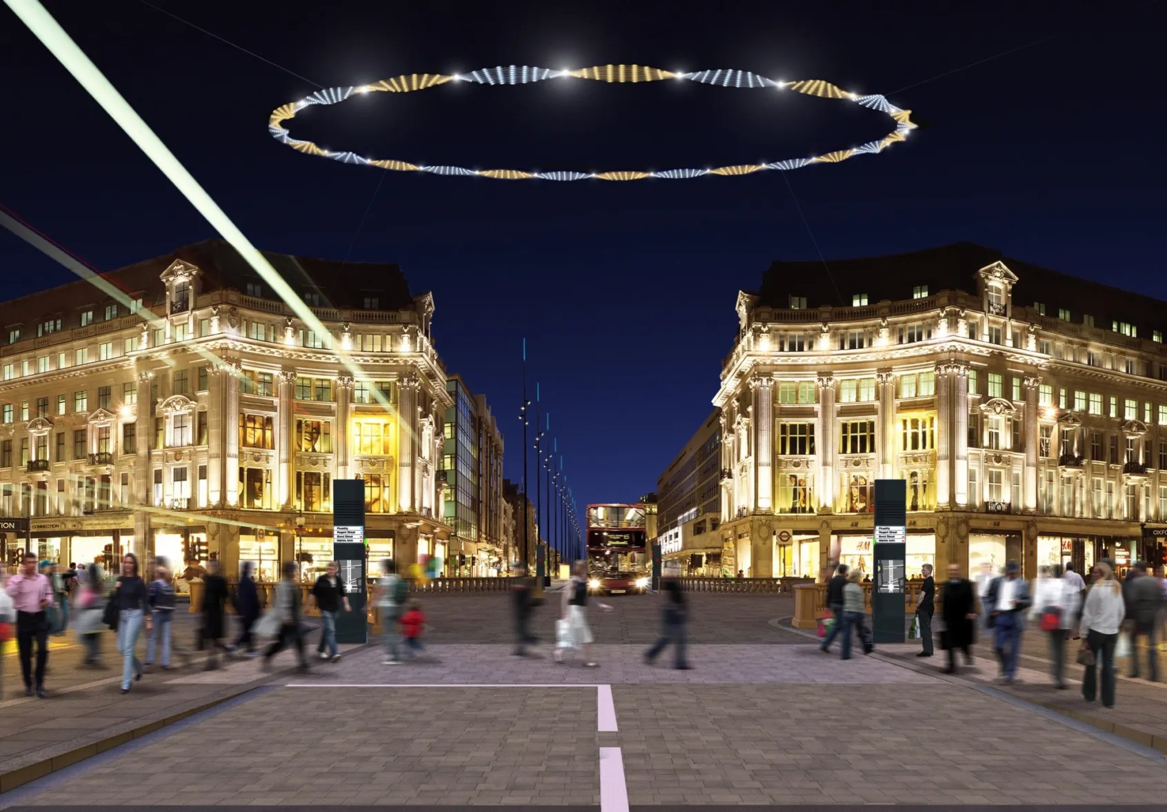 Oxford Street night view with public realm lighting, pedestrian-friendly paving, and landscape architecture enhancing urban streetscape design.