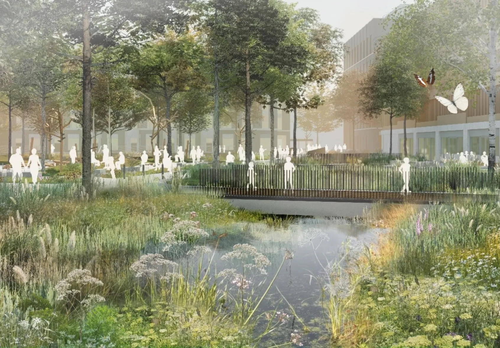 Concept visual of Albion Square, Hull, showing a nature led urban park with wetland planting, sinuous water features, a pedestrian bridge, and tree lined public spaces animated by people.