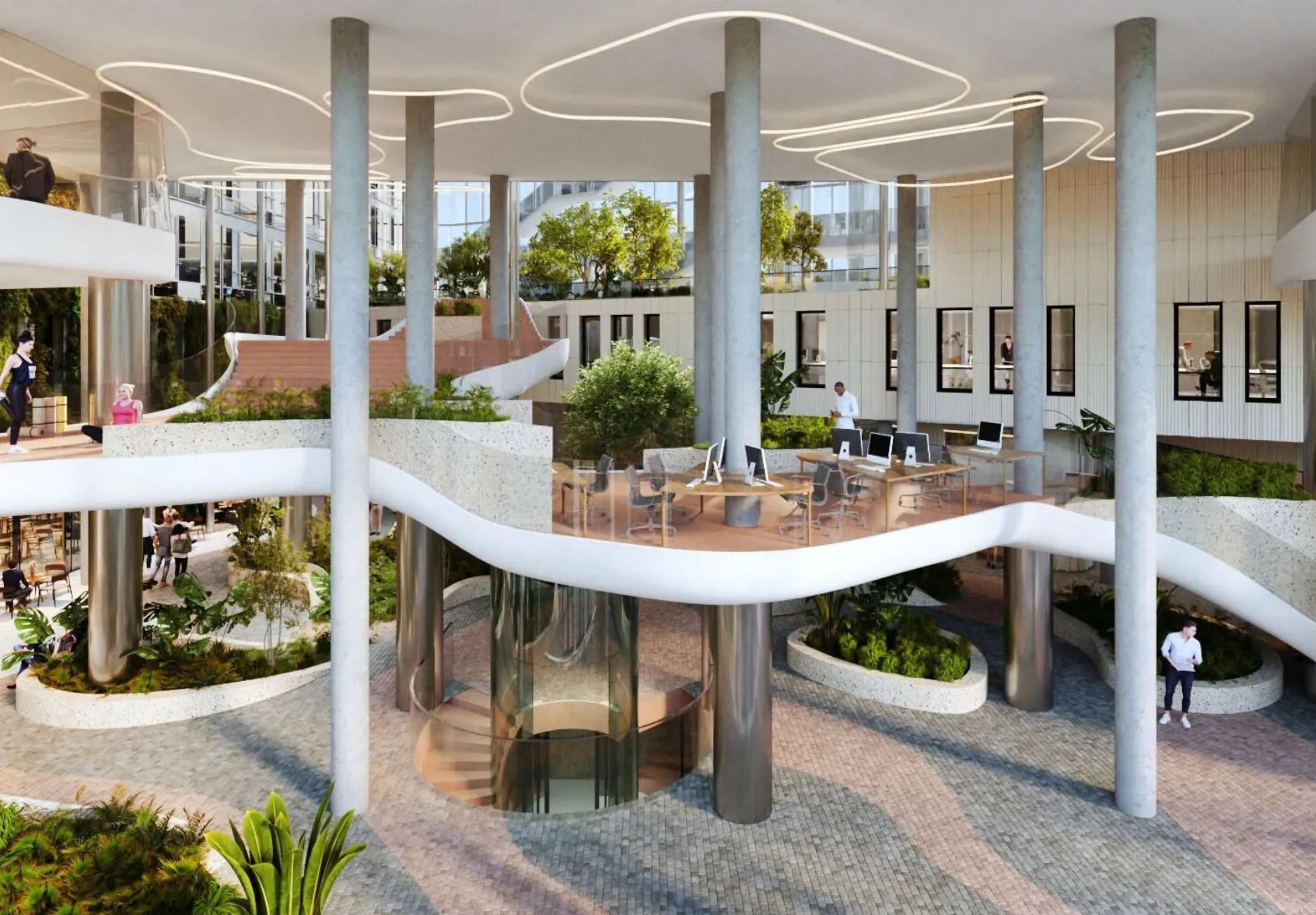 Interior of Danube House, an office development in Prague with lush internal planting, floating staircase and sculptural architectural design.